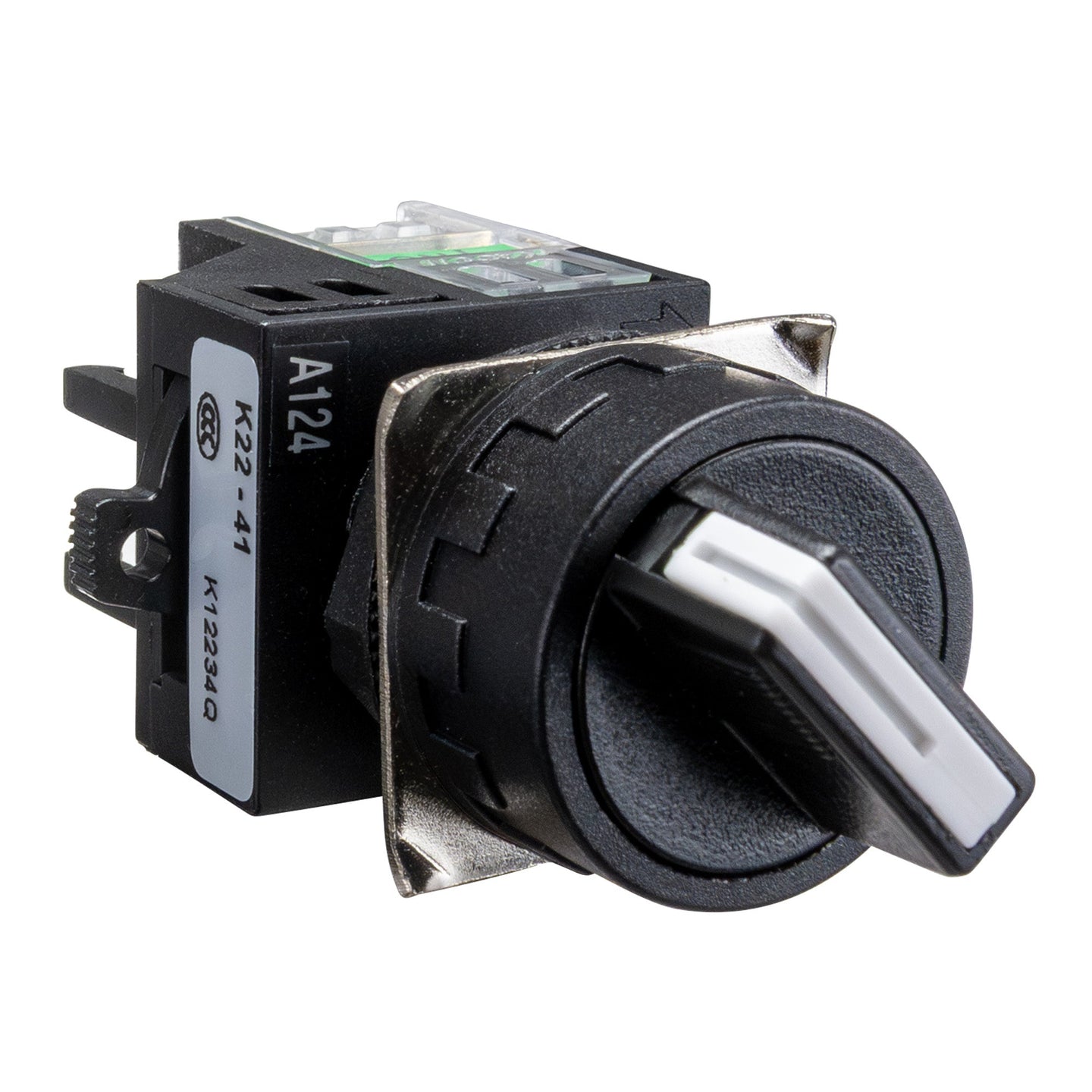 A black maintained 2 position toggle switch in off position with a label indicating 22mm size and electrical details.
