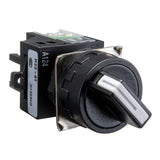 A black maintained 2 position toggle switch in off position with a label indicating 22mm size and electrical details.