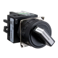 A black maintained 2 position toggle switch in off position with a label indicating 22mm size and electrical details.