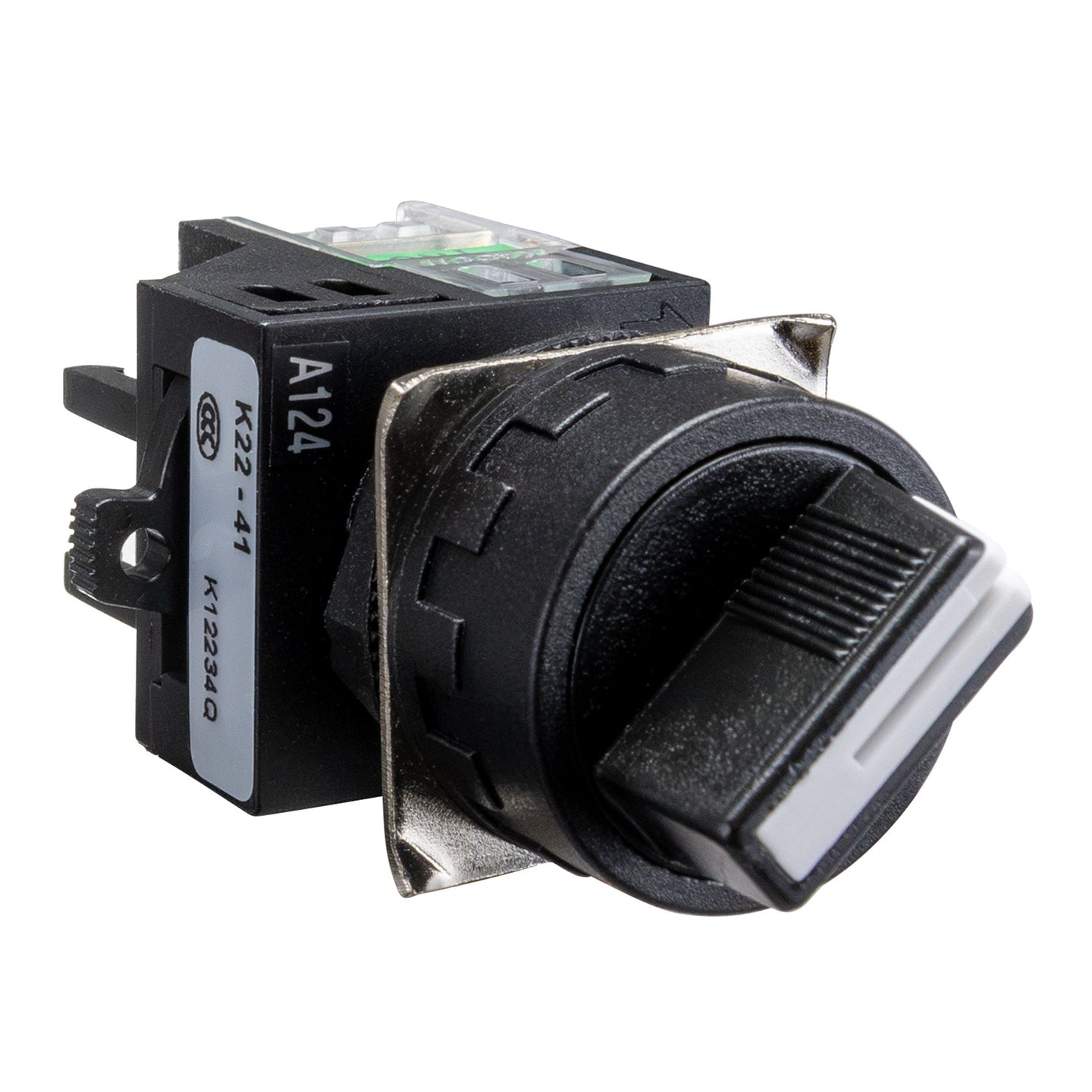 A black maintained 2 position toggle switch in on position with a label indicating 22mm size and electrical details.
