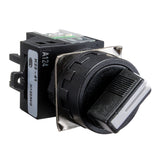 A black maintained 2 position toggle switch in on position with a label indicating 22mm size and electrical details.