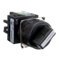 A black maintained 2 position toggle switch in on position with a label indicating 22mm size and electrical details.