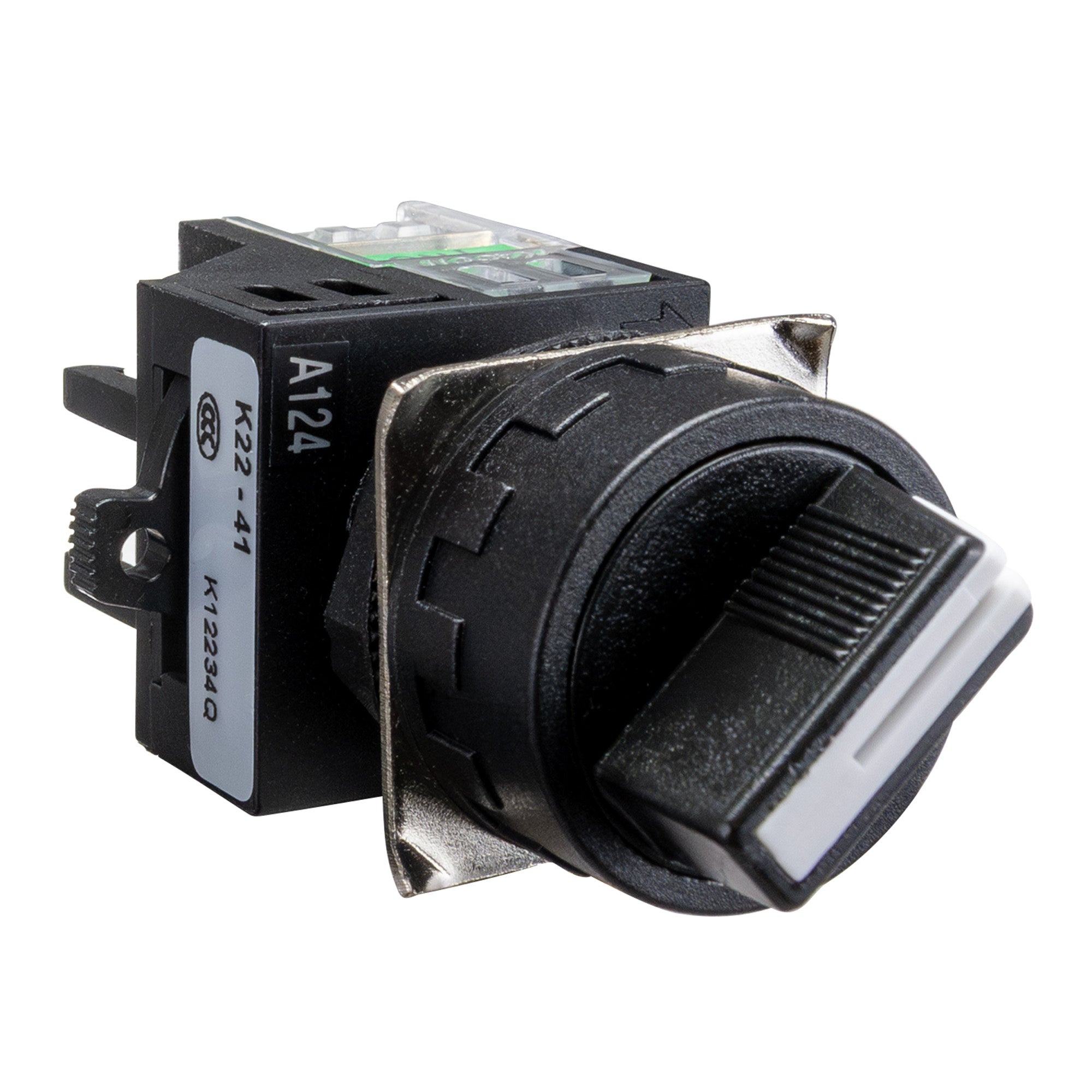 A black maintained 2 position toggle switch in on position with a label indicating 22mm size and electrical details.