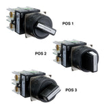 Black and white three position selector switch operational positions on a white background.