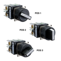 Black and white three position selector switch operational positions on a white background.