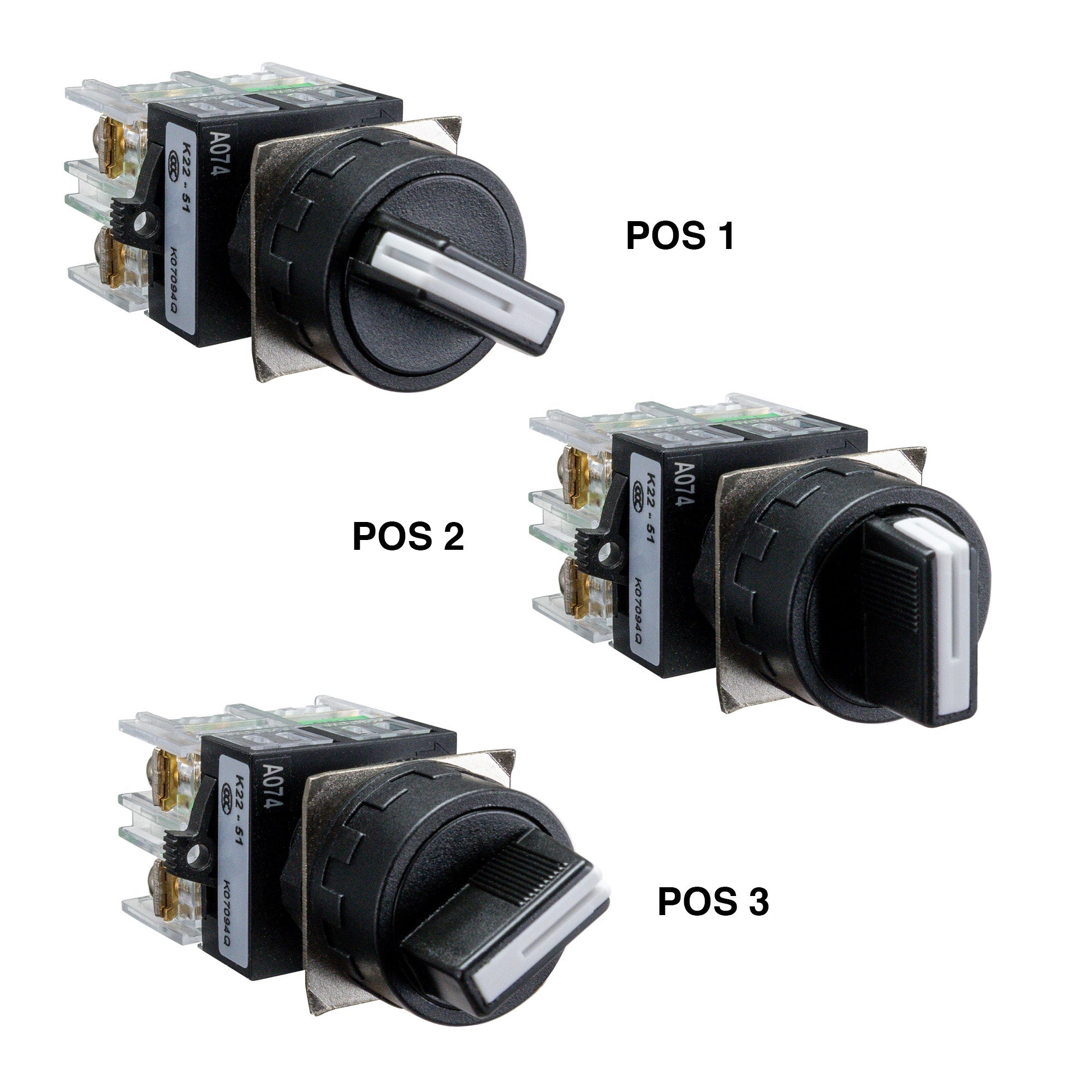 Black and white three position selector switch operational positions on a white background.