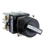 A black maintained 3 position toggle switch in the first of three position with a label indicating 22mm size and electrical details.