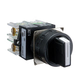 A black maintained 3 position toggle switch in the second of three position with a label indicating 22mm size and electrical details.