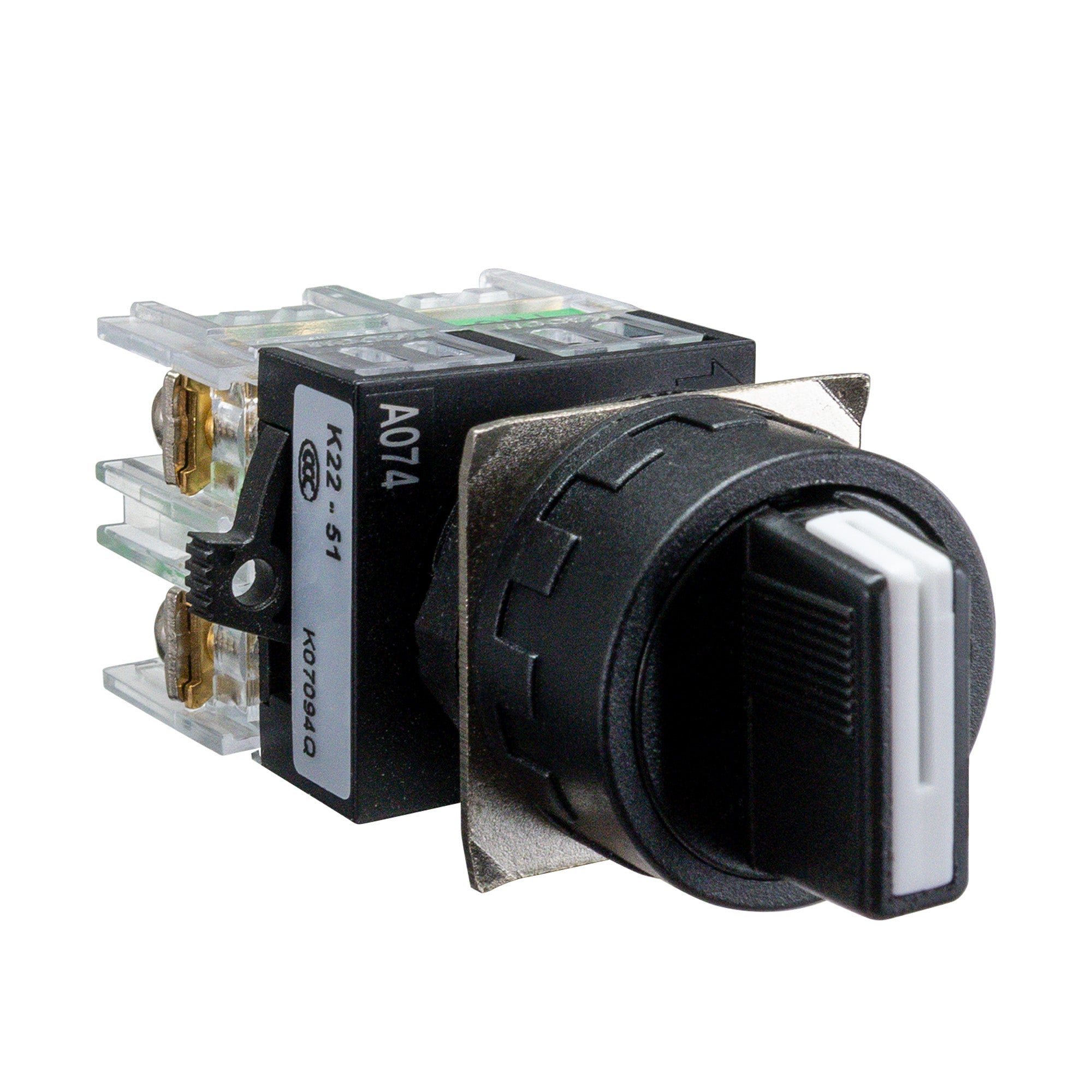 A black maintained 3 position toggle switch in the second of three position with a label indicating 22mm size and electrical details.