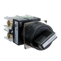 A black maintained 3 position toggle switch in the third of three position with a label indicating 22mm size and electrical details.