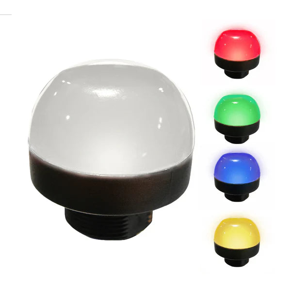 A collection of multi-colored LED 30mm pilot lights with a resin poured dome, available in red, green, blue, and yellow, mounted on a black wall plate.