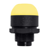 30mm pilot light illuminated amber with black threaded base on a white background.