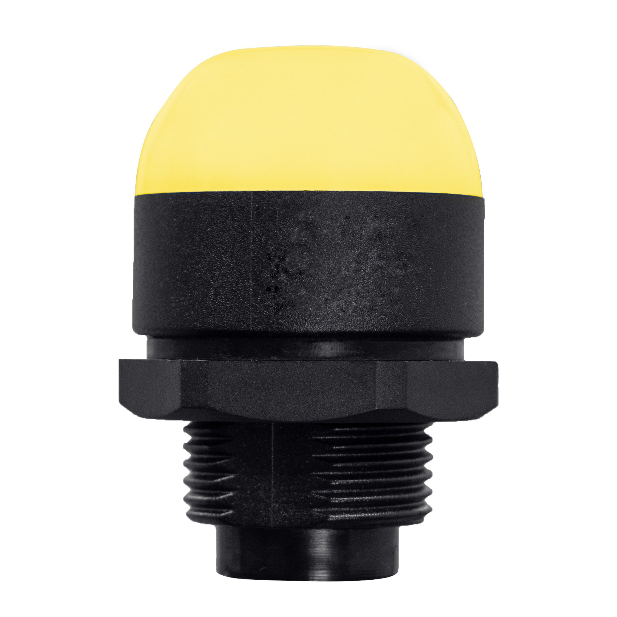 30mm pilot light illuminated amber with black threaded base on a white background.