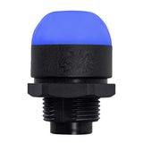 30mm pilot light illuminated blue with black threaded base on a white background.