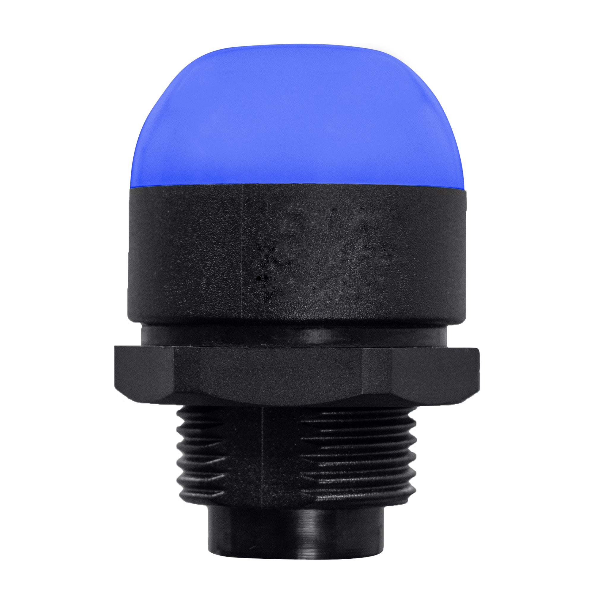 30mm pilot light illuminated blue with black threaded base on a white background.
