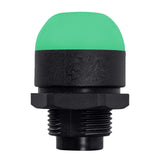 30mm pilot light illuminated green with black threaded base on a white background.