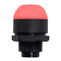 30mm pilot light illuminated red with black threaded base on a white background.