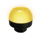 50mm pilot light illuminated amber with black threaded base on a white background.
