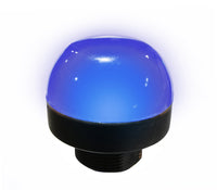 50mm pilot light illuminated blue with black threaded base on a white background.