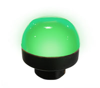 50mm pilot light illuminated green with black threaded base on a white background.