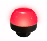 50mm pilot light illuminated red with black threaded base on a white background.