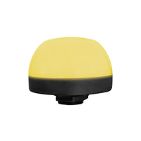 90mm pilot light illuminated amber with black threaded base on a white background.