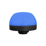 90mm pilot light illuminated blue with black threaded base on a white background.
