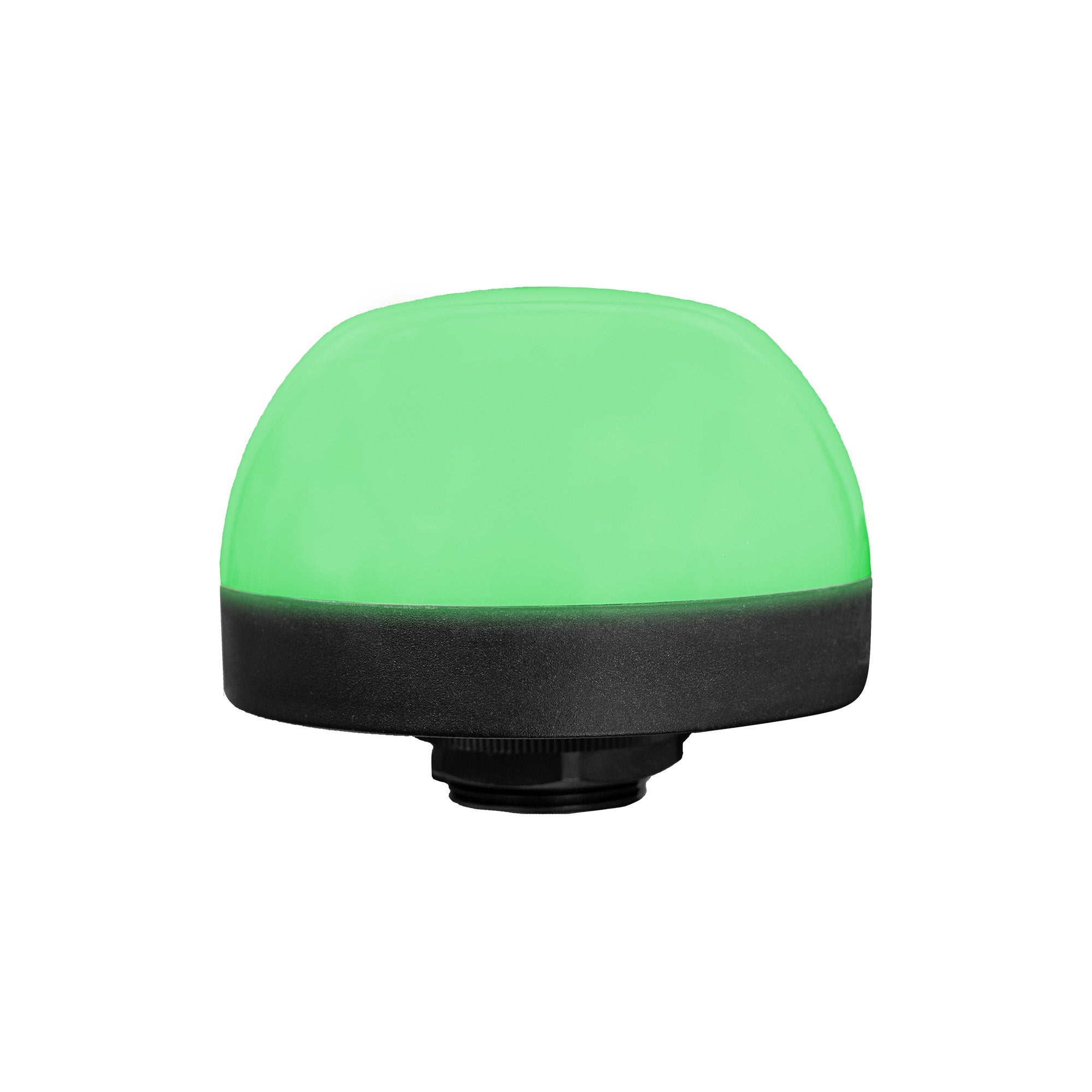 90mm pilot light illuminated green with black threaded base on a white background.