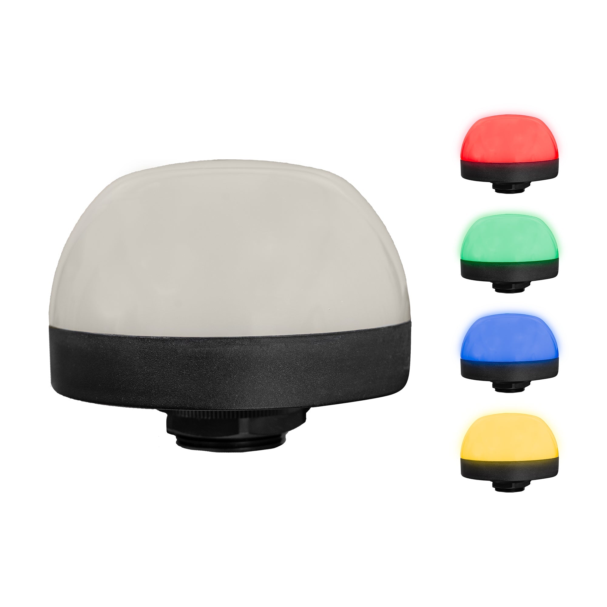 A collection of the 50mm LED pilot lights in red, amber, green and blue on a white background.