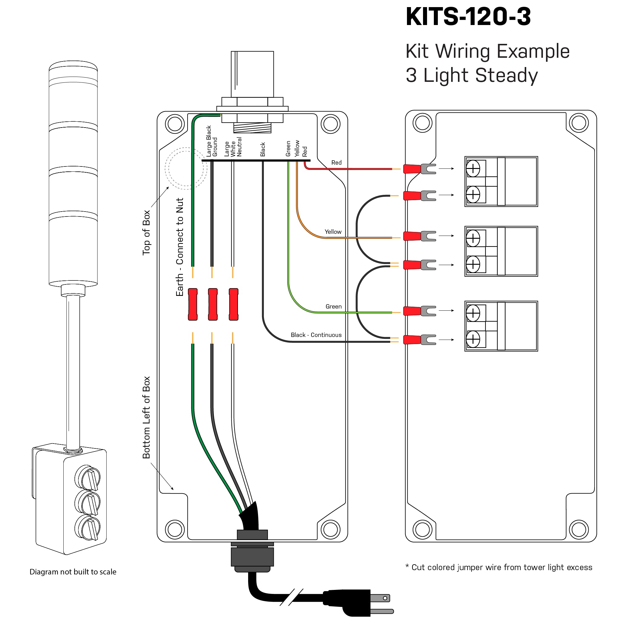 Color-coded illustration depicting wiring diagram connections and terminals on a white background.