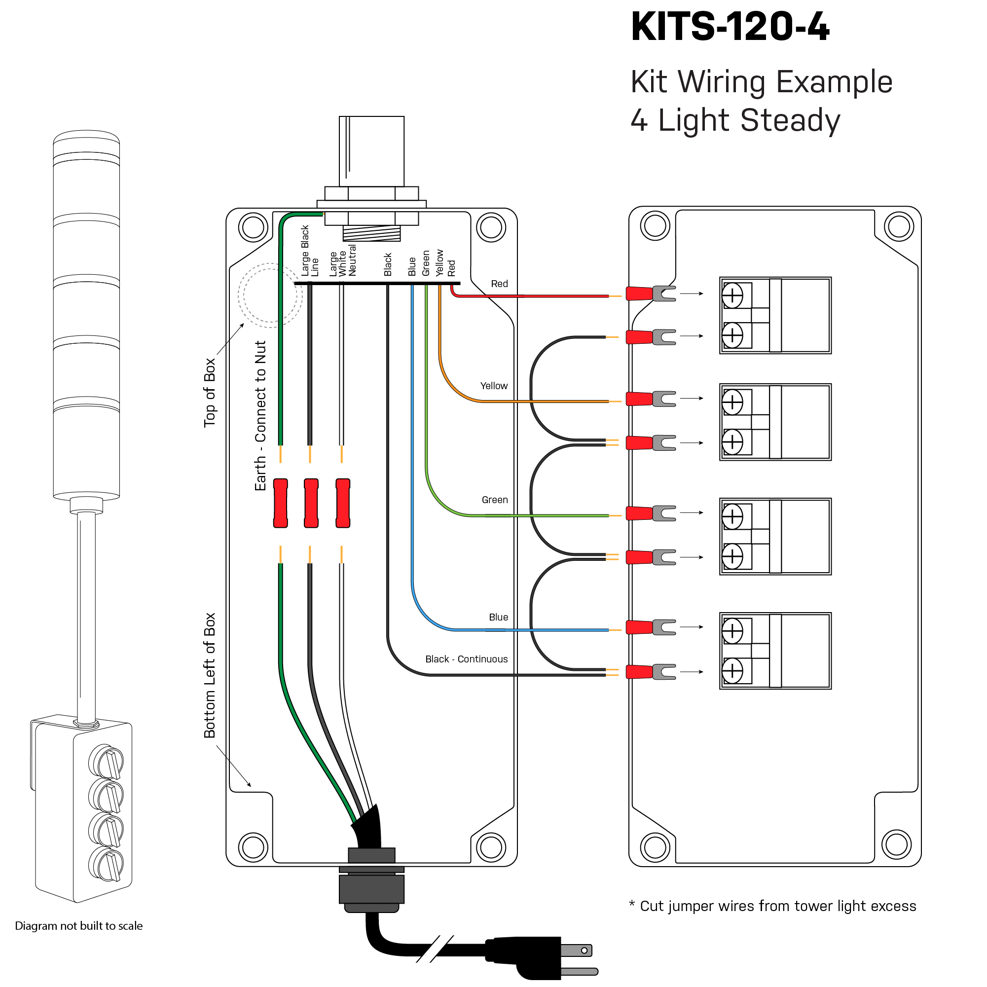 Color-coded illustration depicting wiring diagram connections and terminals on a white background.