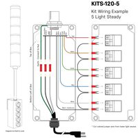 Color-coded illustration depicting wiring diagram connections and terminals on a white background.