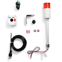 Components of an Andon Tower Light Kit, including a multi-colored LED tower light, switches, a switchbox, power cord, and additional accessories.