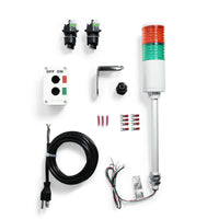 Components of an Andon Tower Light Kit, including a multi-colored LED tower light, switches, a switchbox, power cord, and additional accessories.