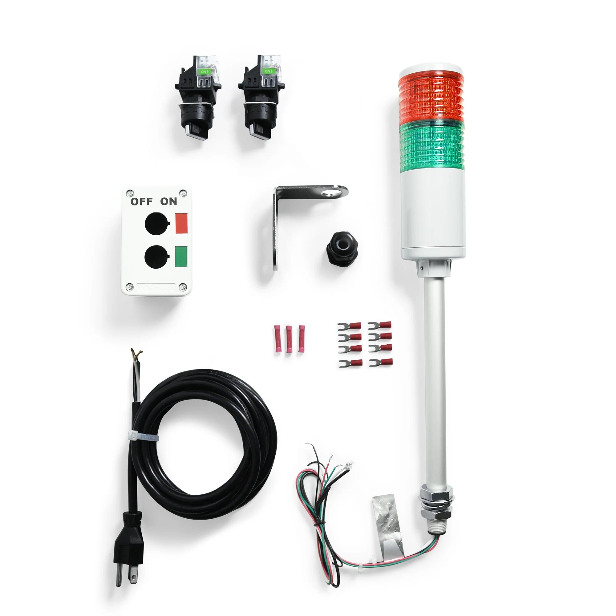 Components of an Andon Tower Light Kit, including a multi-colored LED tower light, switches, a switchbox, power cord, and additional accessories.