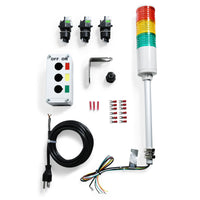 Components of an Andon Tower Light Kit, including a multi-colored LED tower light, switches, a switchbox, power cord, and additional accessories.