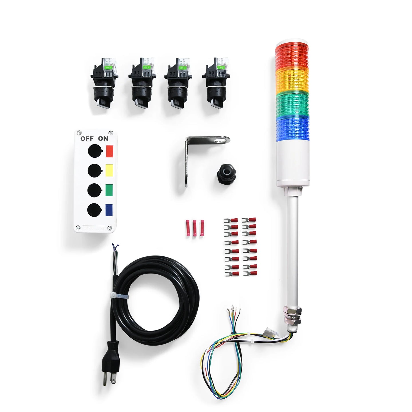Components of an Andon Tower Light Kit, including a multi-colored LED tower light, switches, a switchbox, power cord, and additional accessories.