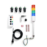 Components of an Andon Tower Light Kit, including a multi-colored LED tower light, switches, a switchbox, power cord, and additional accessories.