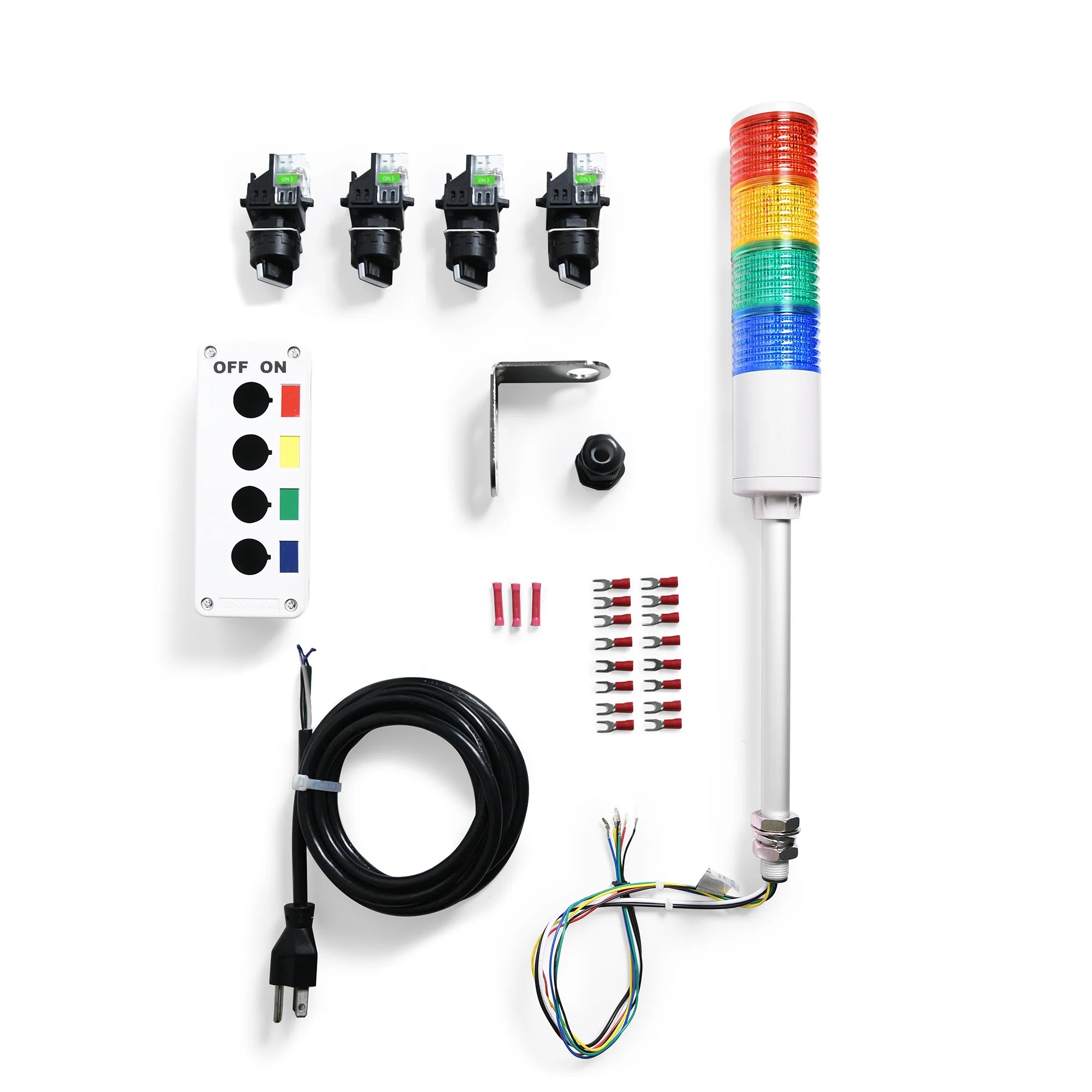 Components of an Andon Tower Light Kit, including a multi-colored LED tower light, switches, a switchbox, power cord, and additional accessories.