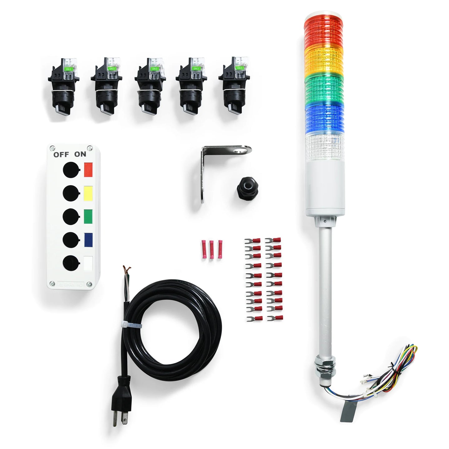 Components of an Andon Tower Light Kit, including a multi-colored LED tower light, switches, a switchbox, power cord, and additional accessories.