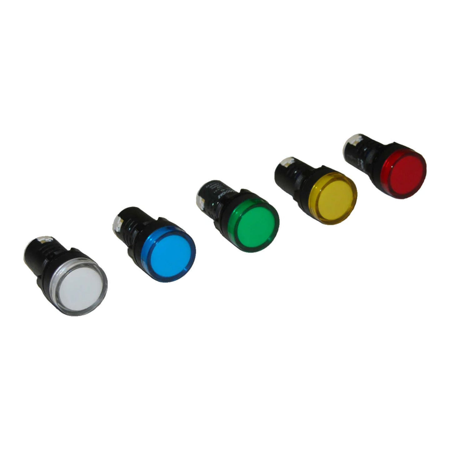 A group of five different colored LED pilot lights on a white background.