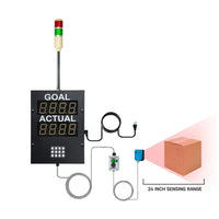 Sensing device with digital display and red light indicator on a white background