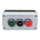 Grey control box with up, down and reset buttons on a white background.