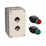 An illuminated push button box kit with a grey mounting box and red and green push buttons.