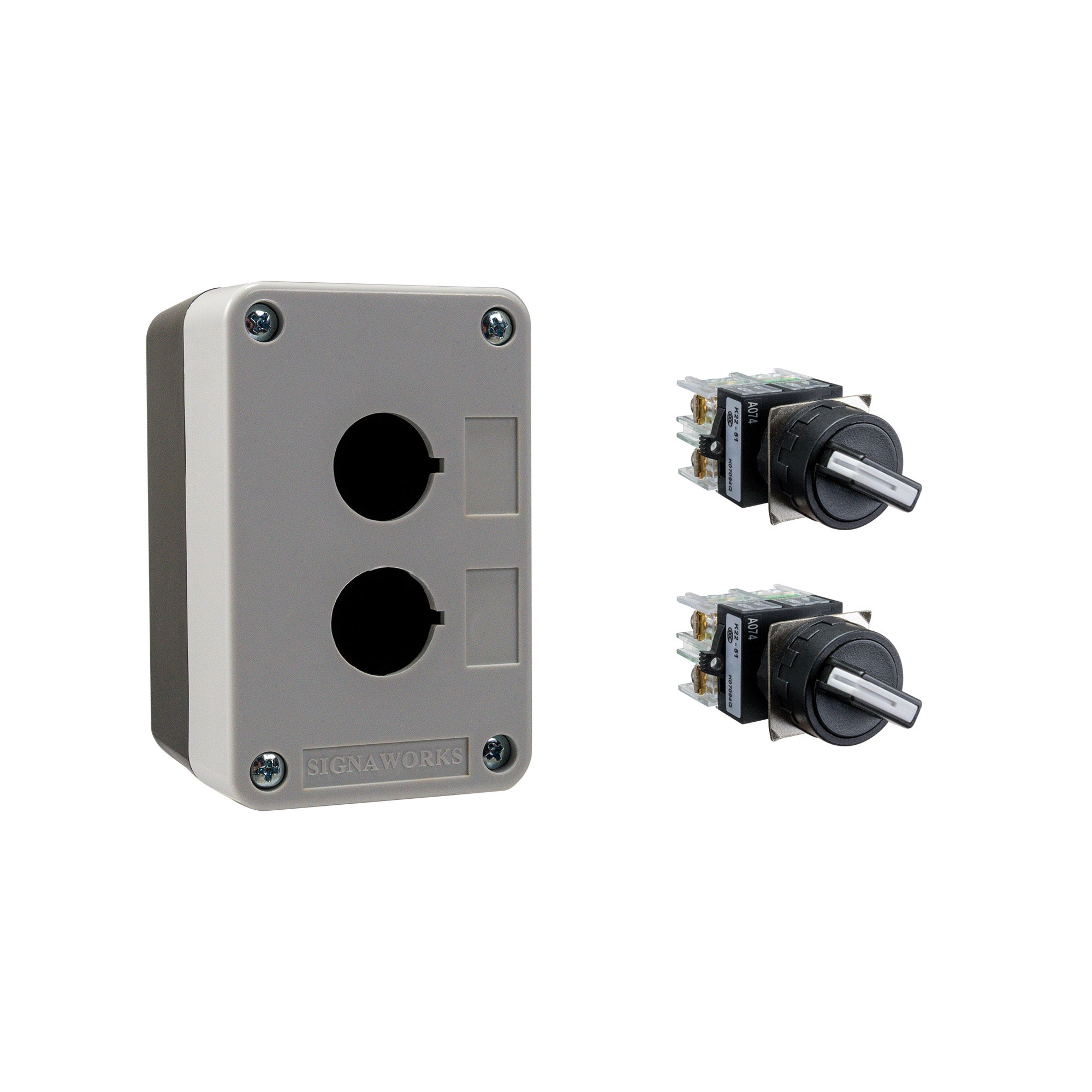 Black and grey push button box with two holes, held together by four phillips head screws next to two black and white 2-position selector switches on a white background.