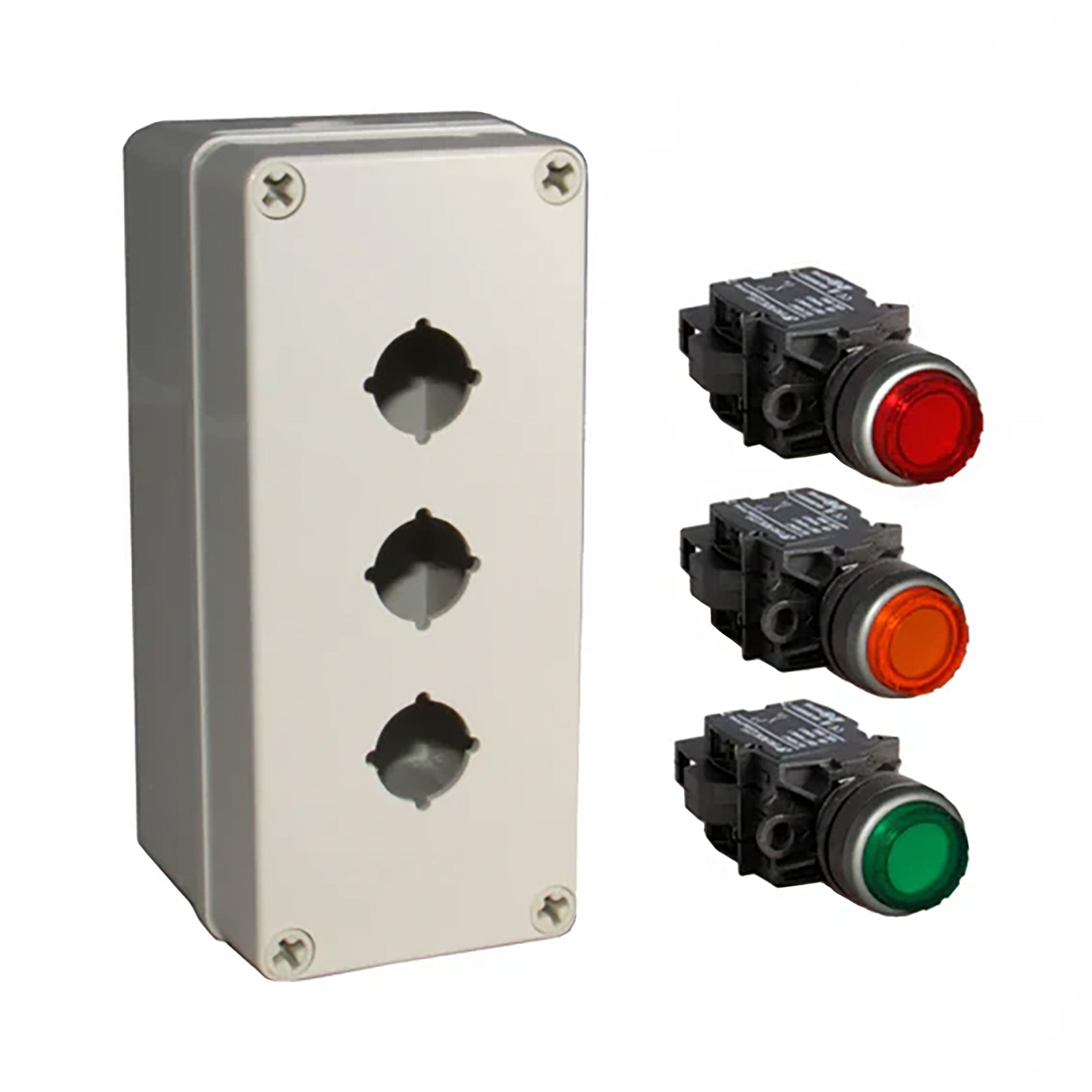 An illuminated push button box kit with a grey mounting box and red, amber and green push buttons.