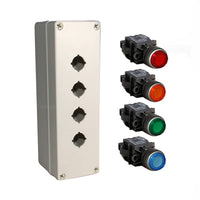 An illuminated push button box kit with a grey mounting box and red, amber, green and blue push buttons.