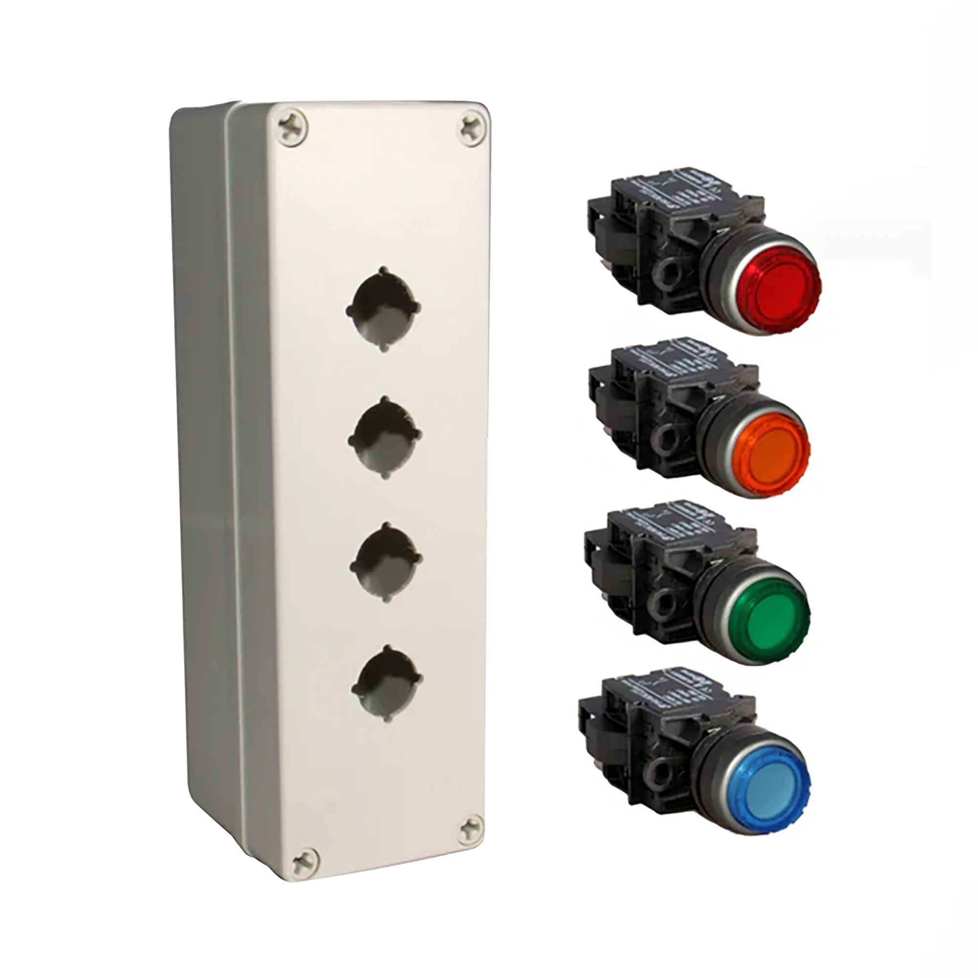 An illuminated push button box kit with a grey mounting box and red, amber, green and blue push buttons.