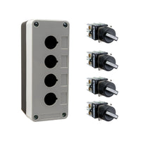 Black and grey push button box with four holes, held together by four phillips head screws next to four black and white 2-position selector switches on a white background.