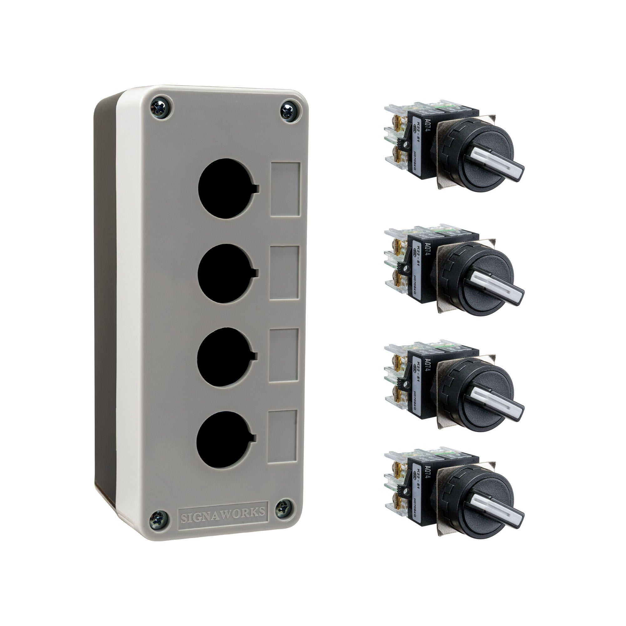 Black and grey push button box with four holes, held together by four phillips head screws next to four black and white 2-position selector switches on a white background.